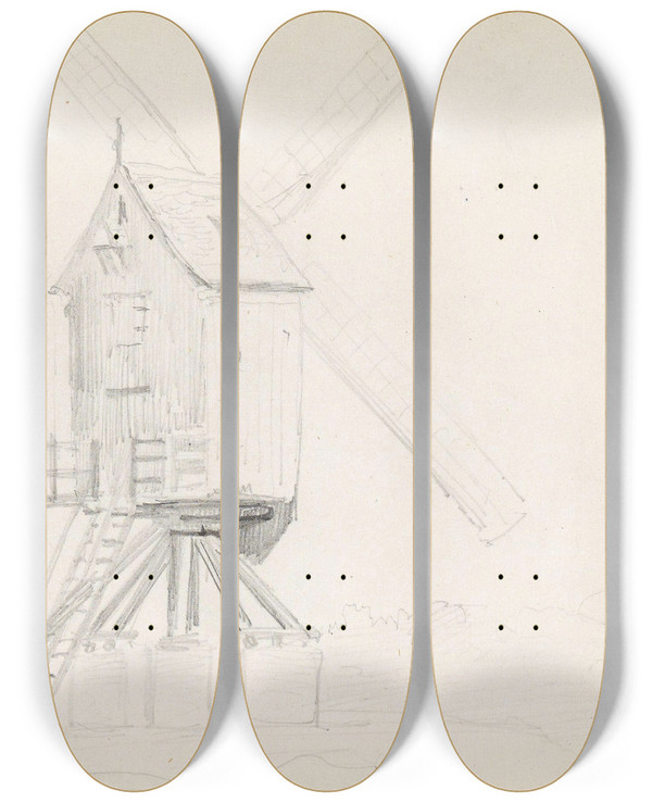 Triptych art skateboard deck of Adolph Tidemand Vindmlle Antwerpen by Adolph Tidemand (1814-1876)