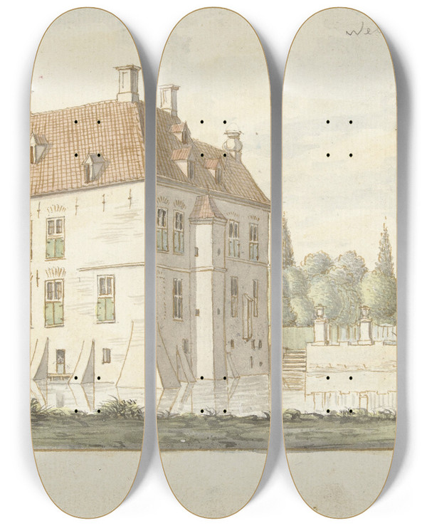 Triptych art skateboard deck of Joseph Adolf Schmetterling Kasteel T Weldam Bij Goor by Joseph Adolf Schmetterling (1751-1828)