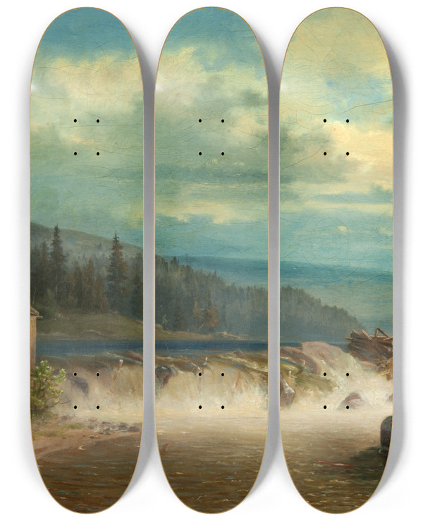 Triptych art skateboard deck of Carl Schilling Landscape With Watermill by Carl Schilling (19-)