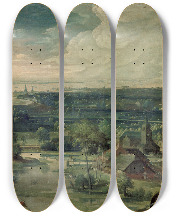 Triptych art skateboard deck of Hans Bol River Landscape by Hans Bol (1534-1593)