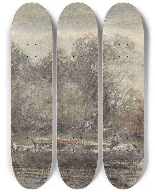 Triptych art skateboard deck of Adrianus Eversen Boot Met Gestreken Mast Aan Wal Liggend by Adrianus Eversen (1818-1897)