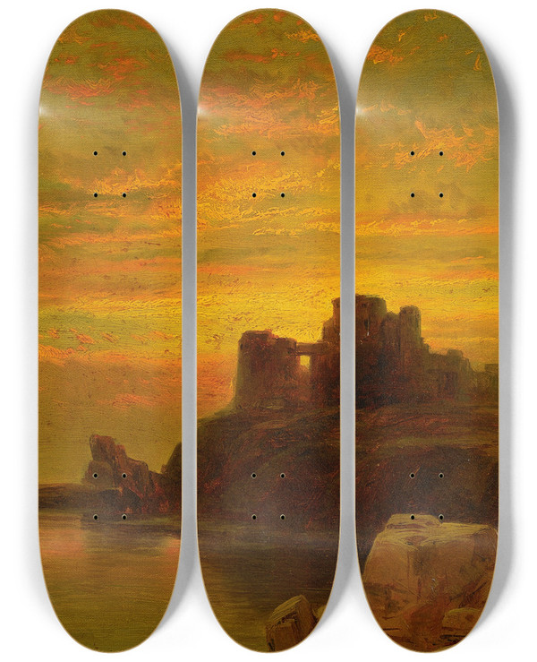 Triptych art skateboard deck of Edward Moran Coastal Sunset by Edward Moran (1829-1901)