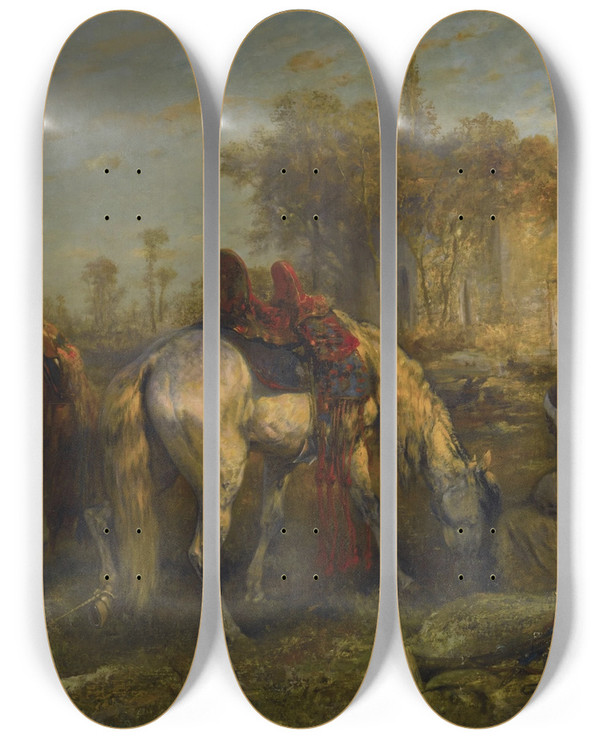 Triptych art skateboard deck of Adolf Schreyer Two Reclining Arabs And Two Tethered Horses_1 by Adolf Schreyer (1828-1899)
