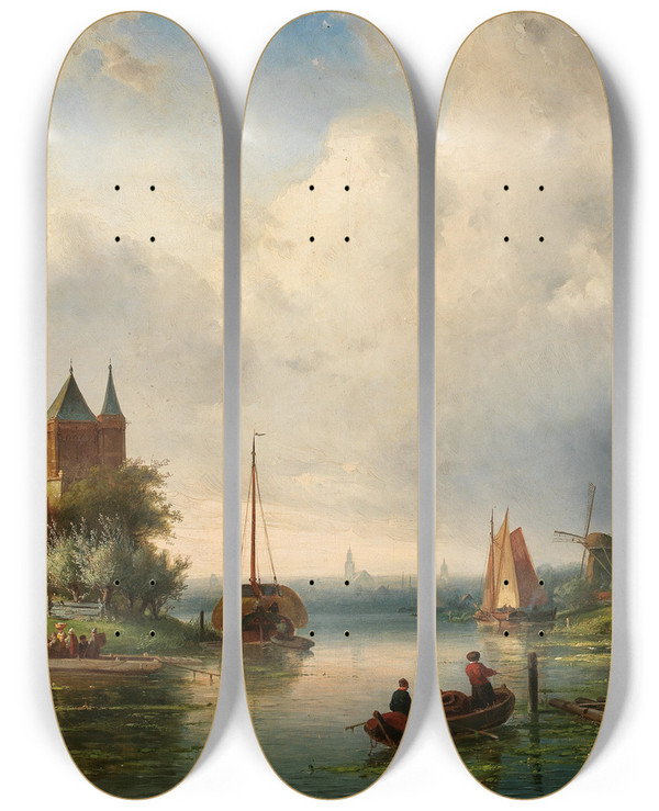 Triptych art skateboard deck of Charles Leickert A Vast River Landscape With Windmills by Charles Leickert (1816-1907)