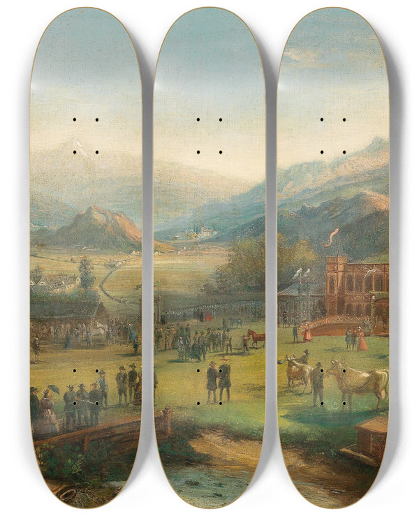 Triptych art skateboard deck of Carl Thndel Tal Mit Fabrik Und Festgebude by Carl Thondel (1829-1913)