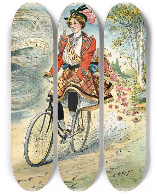 Triptych art skateboard deck of Samuel Ehrhart Pucks Greeting To The New Year by Samuel Ehrhart (1862-1937)