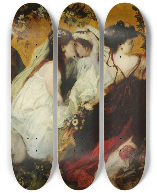 Triptych art skateboard deck of Hans Makart Modern Amoretti_3 by Hans Makart (1840-1884)