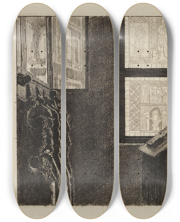 Triptych art skateboard deck of Max Klinger Gothisches Zimmer Im Kunstgewerbemuseum by Max Klinger (1857-1920)