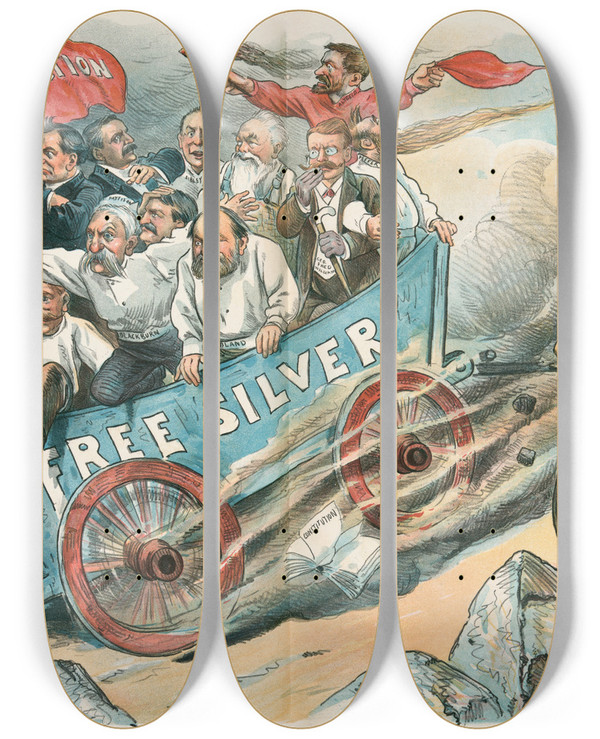 Triptych art skateboard deck of Charles Jay Taylor A Downhill Movement by Charles Jay Taylor (1855-1929)