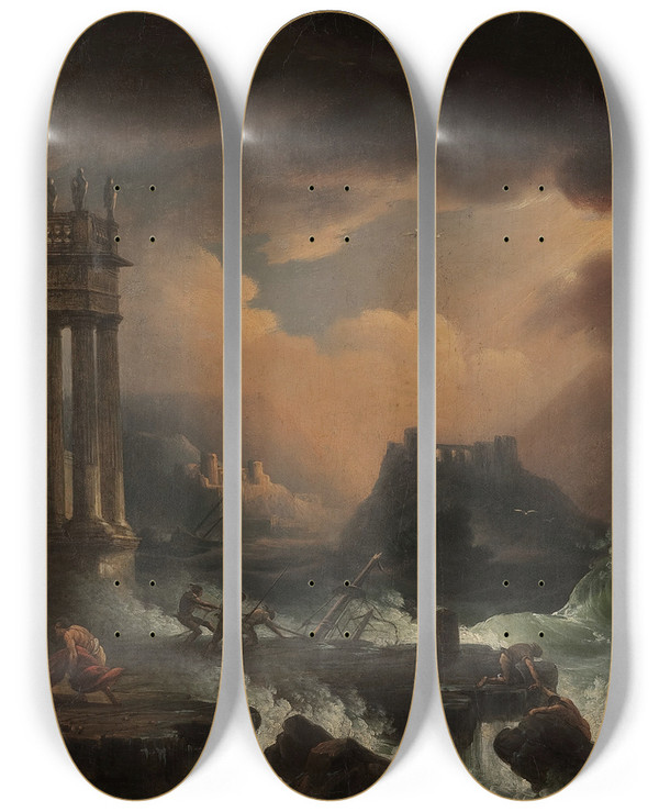 Triptych art skateboard deck of Franciszek Ksawery Lampi Saving The Shipwrecks by Franciszek Ksawery Lampi (1782-1852)
