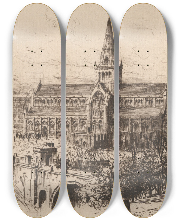 Triptych art skateboard deck of David Young Cameron Glasgow Cathedral by David Young Cameron (1865-1945)
