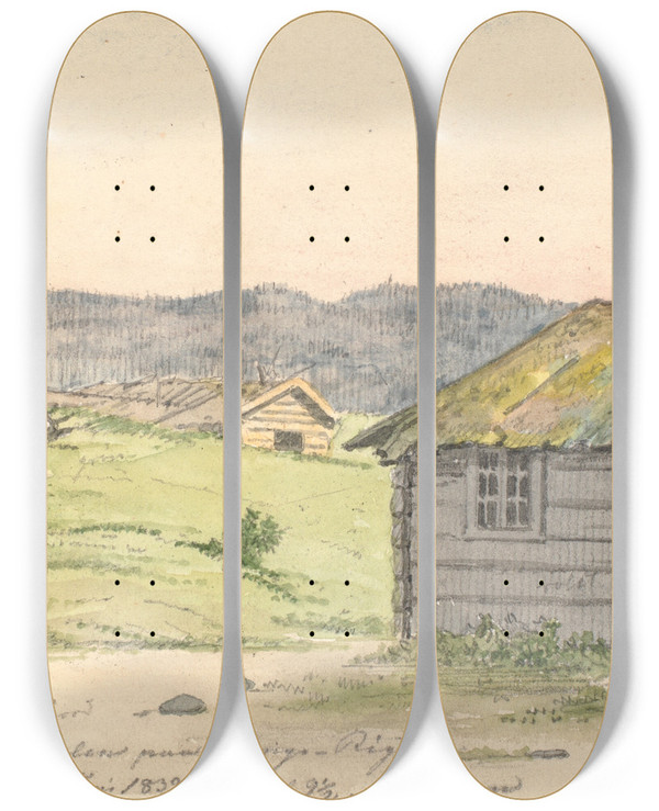 Triptych art skateboard deck of Martinus Rrbye Landskab Med Bondegrde by Martinus Rorbye (1803-1848)