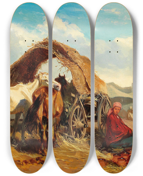 Triptych art skateboard deck of Alexander Von Bensa Markttag by Alexander Von Bensa (1820-1902)