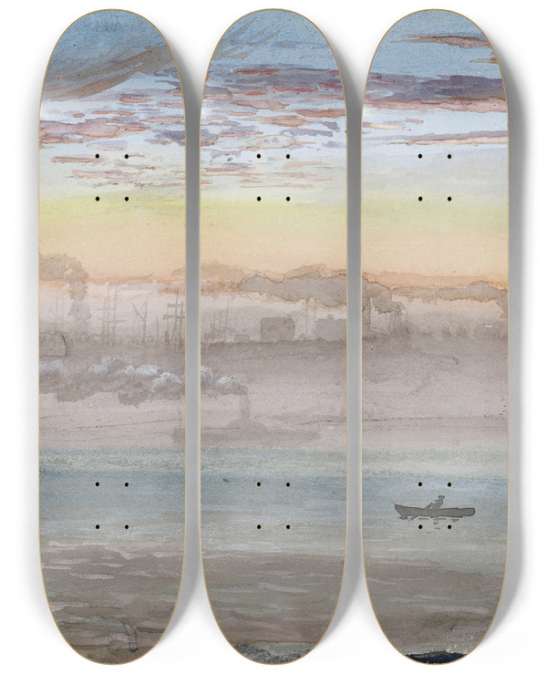 Triptych art skateboard deck of Charles De Wolf Brownell East River Sunrise by Charles De Wolf Brownell (1822-1909)