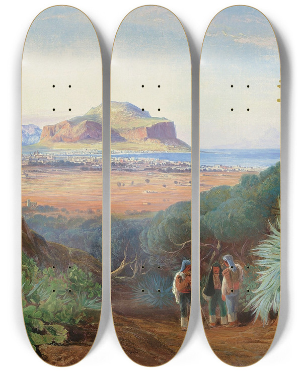 Triptych art skateboard deck of Edward Lear Palermo Sicily With Monte Pellegrino by Edward Lear (1812-1888)