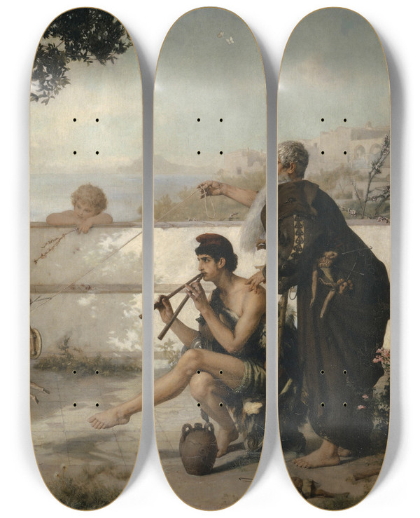Triptych art skateboard deck of Ernst Stckelberg The Puppets by Ernst Stuckelberg (1831-1903)