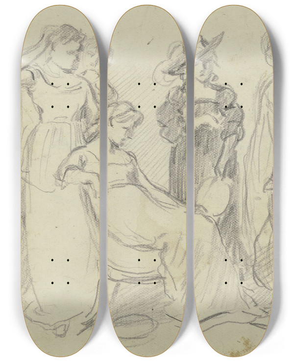 Triptych art skateboard deck of Otto Scholderer Vorbereitung Zum Kostmball_4 by Otto Scholderer (1834-1902)