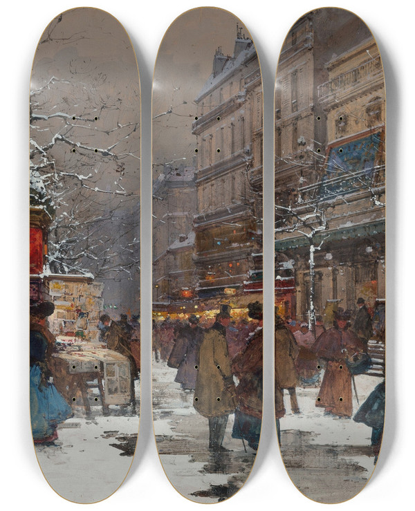 Triptych art skateboard deck of Eugne Galienlaloue Paris Boulevard En Hiver by Eugene Galien Laloue (1854-1941)