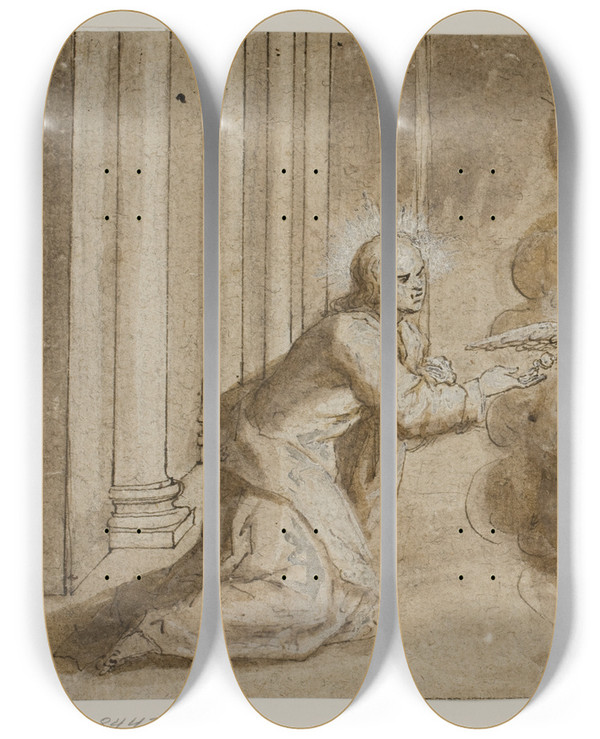 Triptych art skateboard deck of Francesco Maffei Den Ubesmittede Undfangelse by Francesco Maffei (1605-1660)