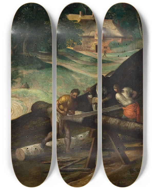 Triptych art skateboard deck of Gillis Mostaert Landscape With Men Sawing Timber by Gillis Mostaert (1534-1598)