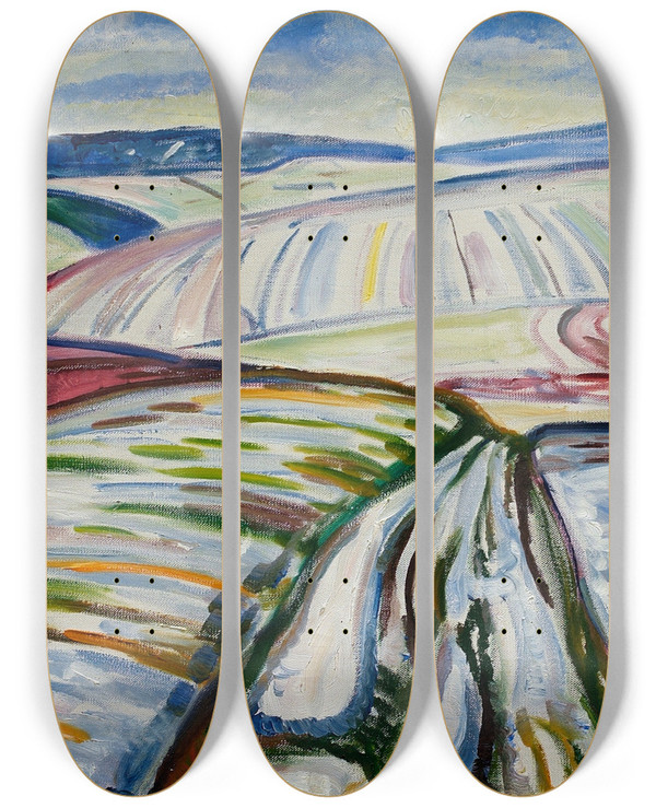 Triptych art skateboard deck of Edvard Munch Field In Snow by Edvard Munch (1863-1944)