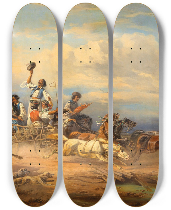 Triptych art skateboard deck of Adolf Van Der Venne Wilde Fahrt by Adolf van der Venne (1828-1911)