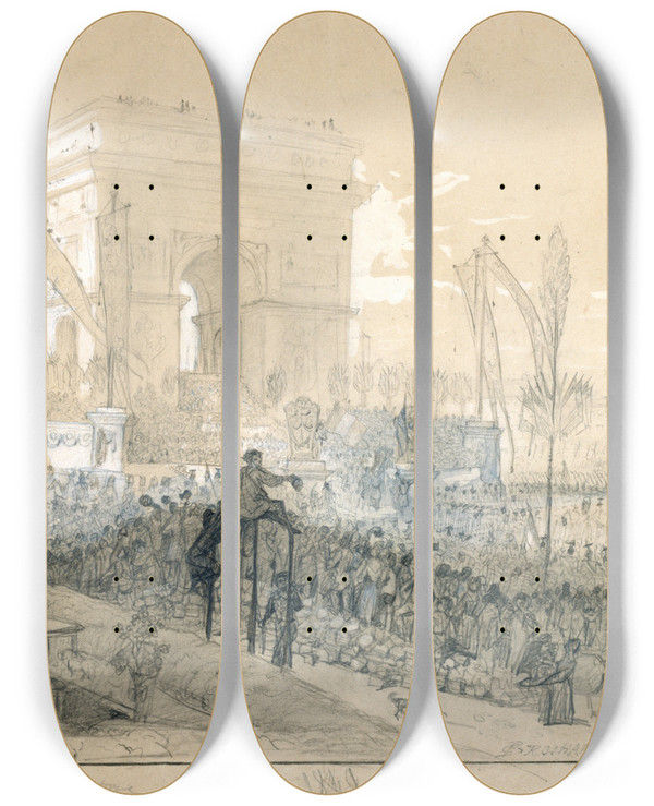 Triptych art skateboard deck of Constantjoseph Brochart Distribution De Drapeaux Larc De Triomphe Le 21 Avril 1848 by Constant Joseph Brochart (1816-1899)