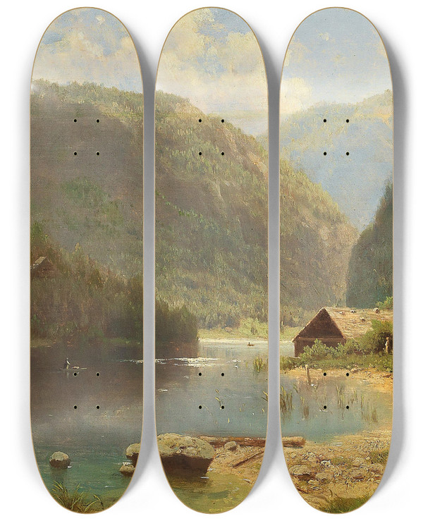 Triptych art skateboard deck of Adolf Chwala A Hut On The Lakeside by Adolf Chwala (1836-1900)