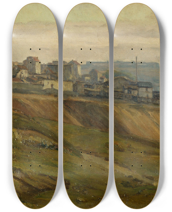 Triptych art skateboard deck of Germain Eugne Bonneton La Rue Du Moulindesprs by Germain Eugene Bonneton (1874-1915)