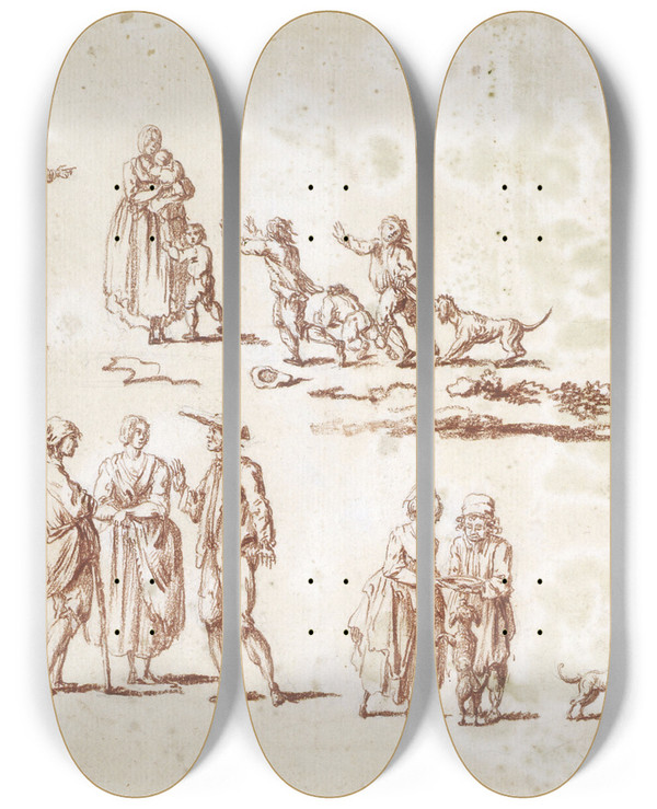 Triptych art skateboard deck of Jeanjacques De Boissieu Etudes De Figures Populaires by Jean-Jacques de Boissieu (1736-1810)