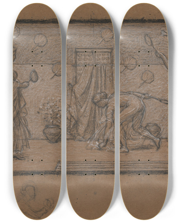 Triptych art skateboard deck of Albert Joseph Moore Study For Battledore And Shuttlecock by Albert Joseph Moore (1841-1893)