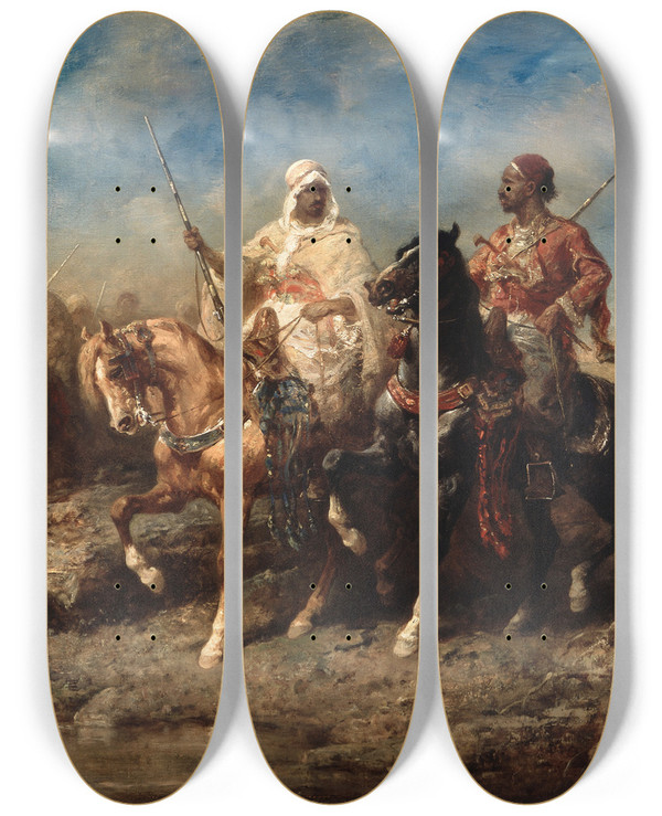 Triptych art skateboard deck of Adolf Schreyer Arabs by Adolf Schreyer (1828-1899)