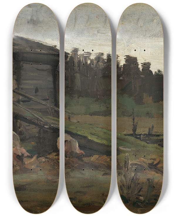 Triptych art skateboard deck of Gerhard Munthe Pigs At The Barn Bridge by Gerhard Munthe (1849-1929)