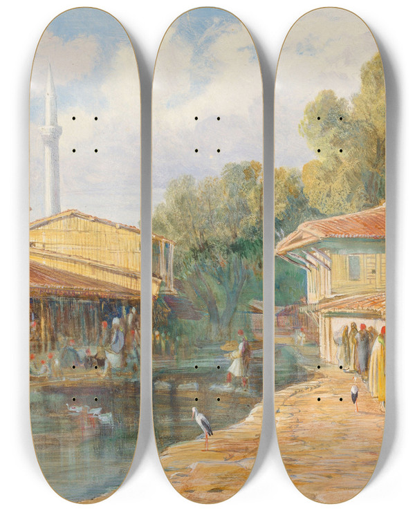 Triptych art skateboard deck of Edward Lear Parga Greece by Edward Lear (1812-1888)