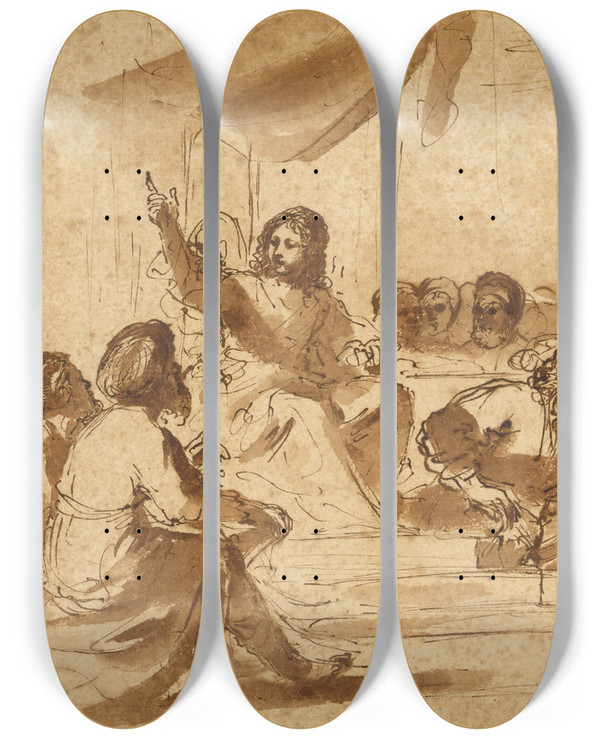 Triptych art skateboard deck of Guercino Christ Preaching In The Temple by Guercino (1591-1666)