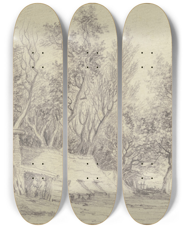 Triptych art skateboard deck of Aignanthomas Desfriches  Holzhauerhtten Am Waldesrand by Aignan-Thomas Desfriches (1715-1800)