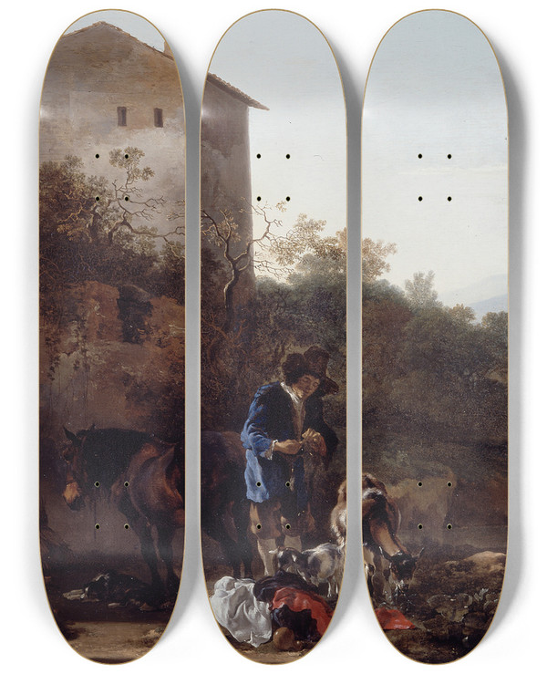 Triptych art skateboard deck of Adam Pynacker Landscape With A Goatherd by Adam Pynacker (1615-1673)