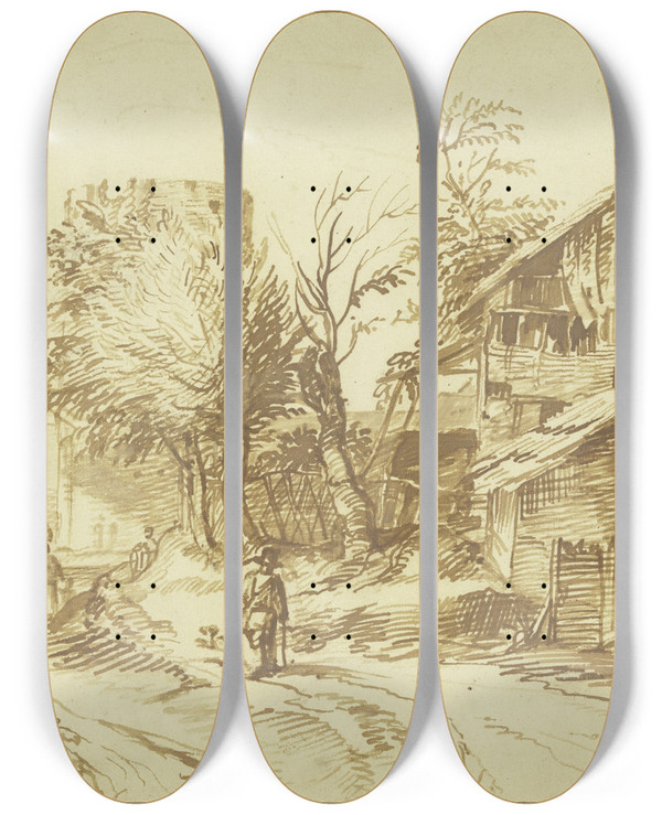 Triptych art skateboard deck of Jan Lievens Dorfansicht Rechts Eine Alte Stadtmauer by Jan Lievens (1607-1674)
