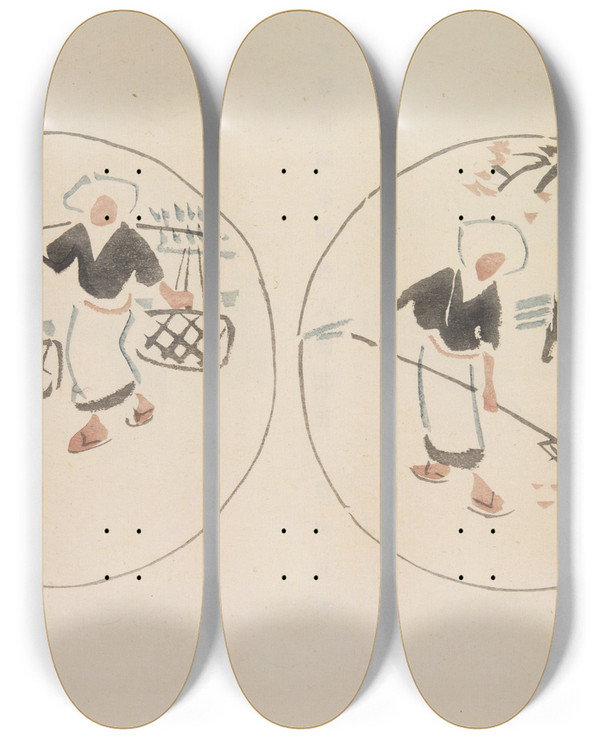 Triptych art skateboard deck of Asai Ch Mokugo Zuansh Pl09 by Asai Ch (1856-1907)