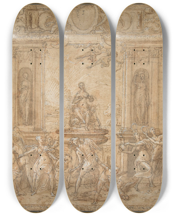 Triptych art skateboard deck of Federico Zuccaro Study For The Allegory Of Spring by Federico Zuccaro (1542-1609)
