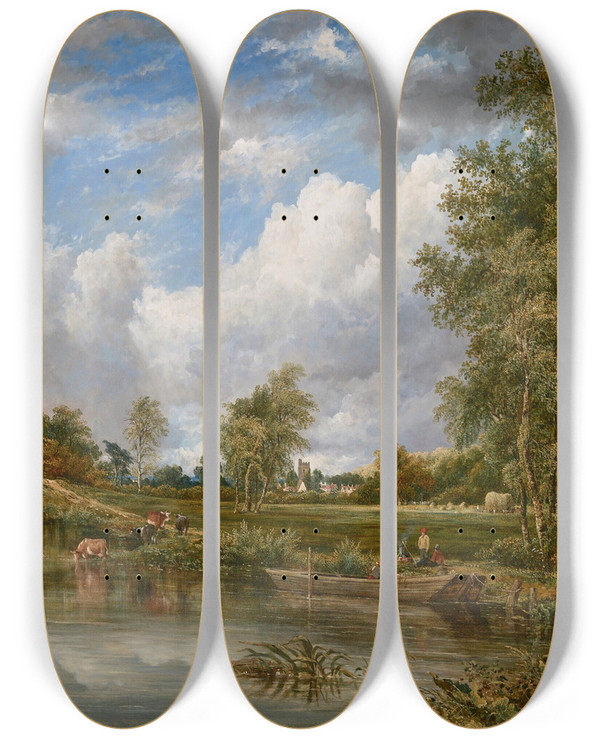 Triptych art skateboard deck of Frederick Waters Watts Dedham Lock On The River Stour by Frederick Waters Watts (1800-1870)