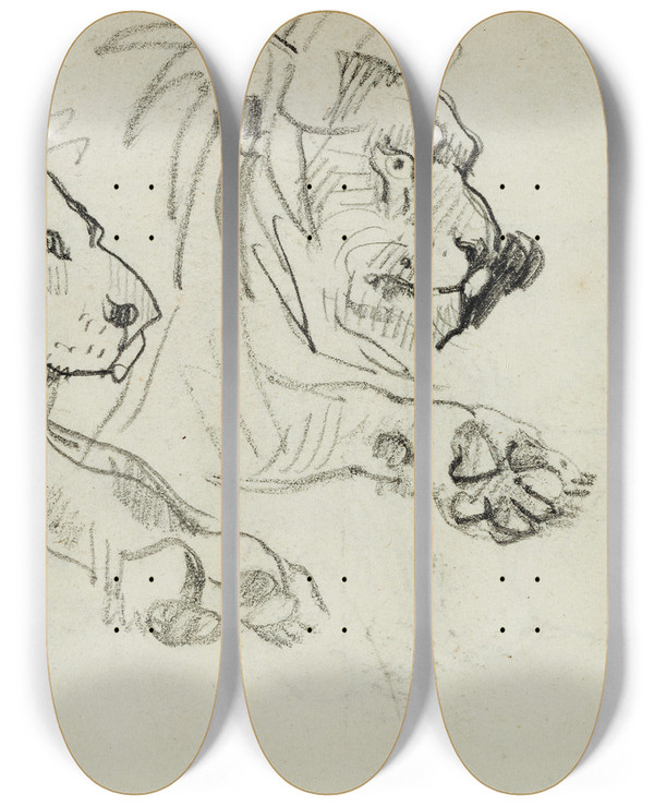 Triptych art skateboard deck of Thodore Gricault Two Lion Studies by Theodore Gericault (1791-1824)