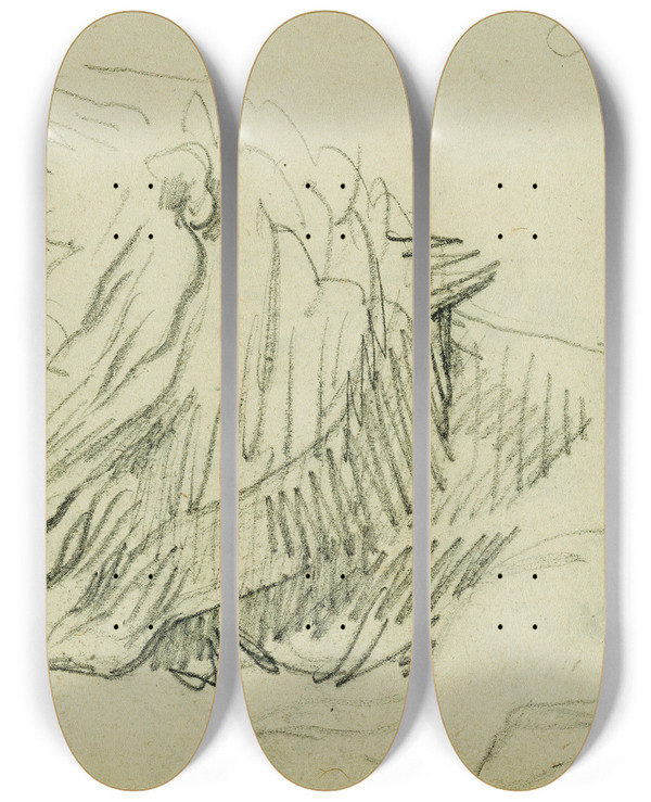 Triptych art skateboard deck of Thodore Gricault Seated Lion_2 by Theodore Gericault (1791-1824)