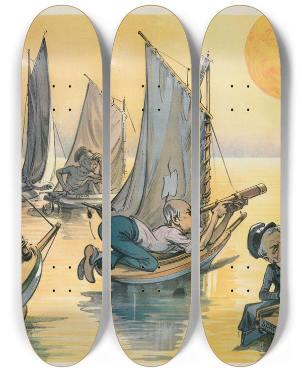 Triptych art skateboard deck of Udo Keppler A Drifting Match by Udo Keppler (1872-1956)