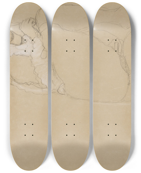 Triptych art skateboard deck of Gustav Klimt Reclining Seminude Facing Left by Gustav Klimt (1862-1918)