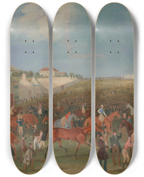 Triptych art skateboard deck of James Pollard Epsom Races The Race Over by James Pollard (1792-1867)