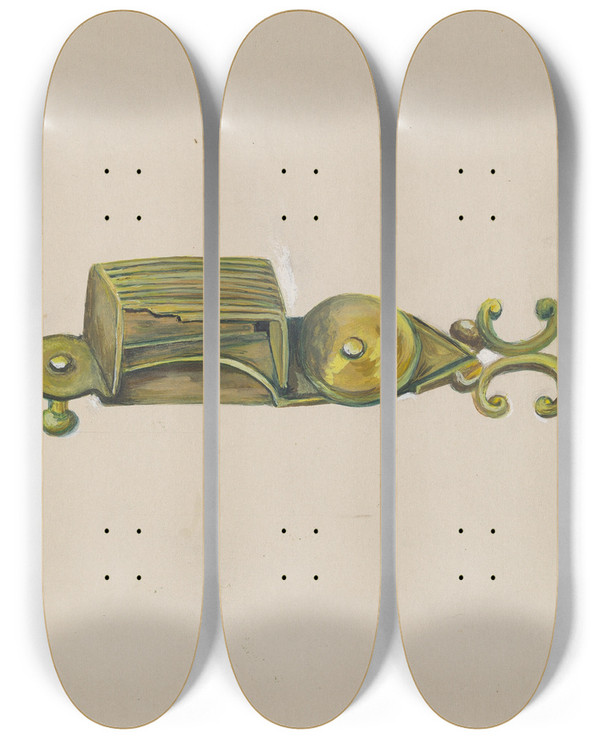Triptych art skateboard deck of Florence Stevenson Candle Snuffer by Florence Stevenson
