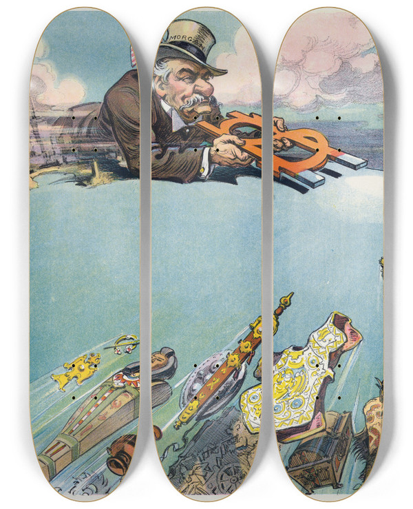 Triptych art skateboard deck of Udo Keppler The Magnet by Udo Keppler (1872-1956)