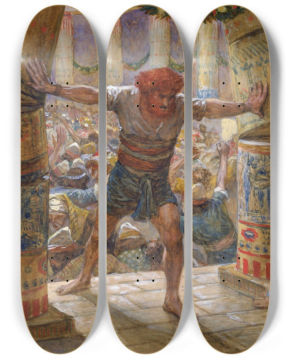 Triptych art skateboard deck of James Tissot Samson Puts Down The Pillars by James Tissot (1836-1902)
