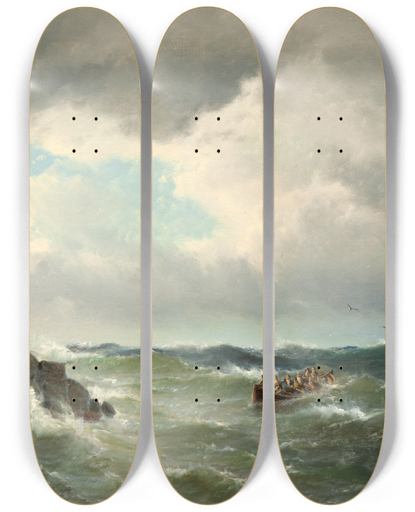 Triptych art skateboard deck of Carl Bille Seascape by Carl Bille (1815-1898)